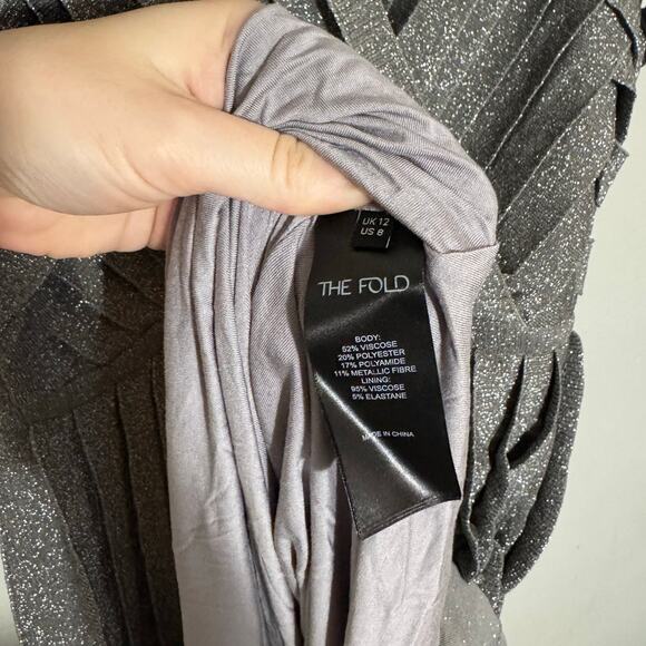 NWT Women's 8 The Fold London Nara Stretch Knit Dress V Neck Metallic Silver - Picture 6 of 8